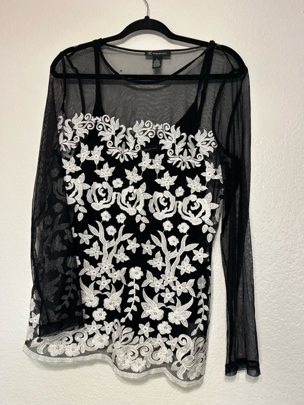 INC Black Sheer Mesh Lace Embroidered Top Womens Large Floral